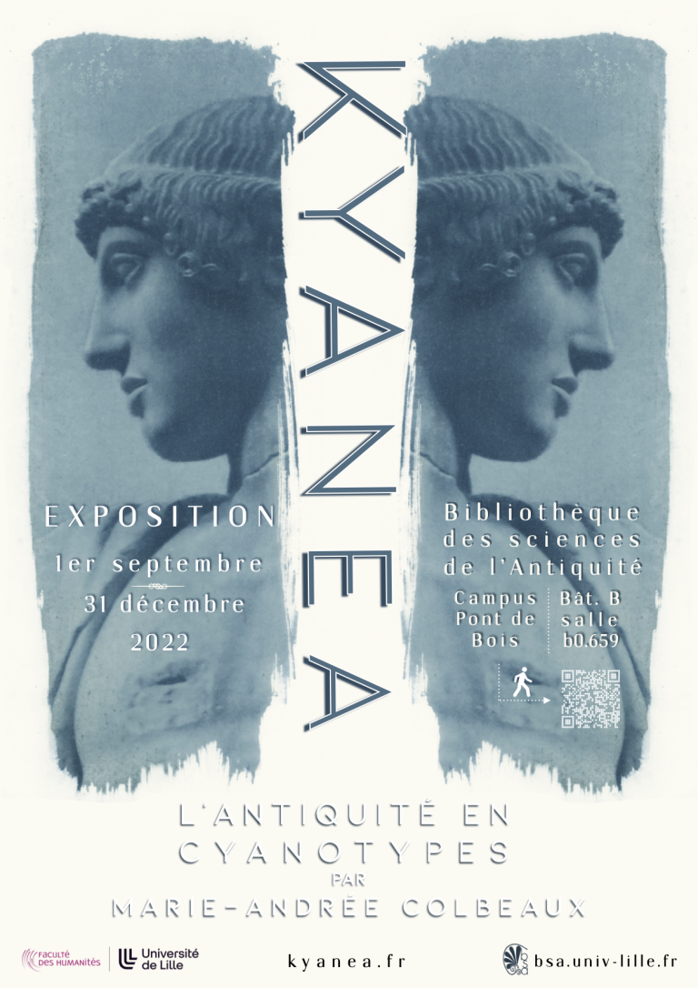 Affiche pour l'exposition Kyanea. L'Apollon d'Olympie de profil en cyanotype, avec le titre de l'exposition et les informations d'accès.