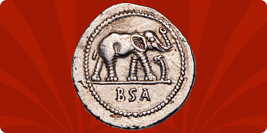Monnaie romaine, denier de Jules César représentant un éléphant, frappée au nom de la BSA, sur fond rouge.